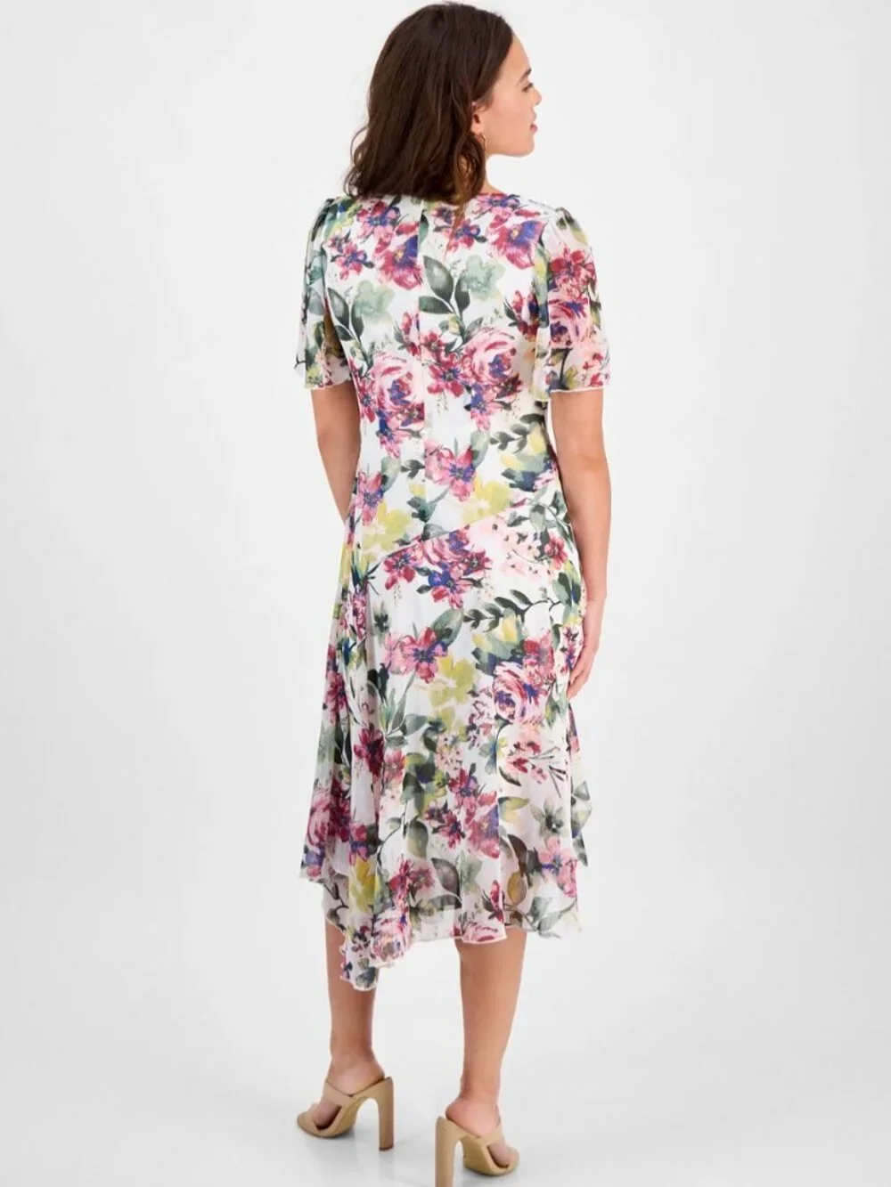 Floral Chiffon Midi Dress With Flutter Sleeves & Scoop Neckline By Connected